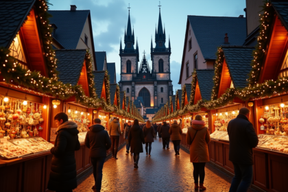 Marché de Noël à Strasbourg au crépuscule avec chalets illuminés et cathédrale
