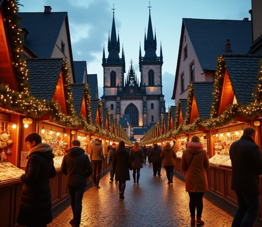 Marché de Noël à Strasbourg au crépuscule avec chalets illuminés et cathédrale
