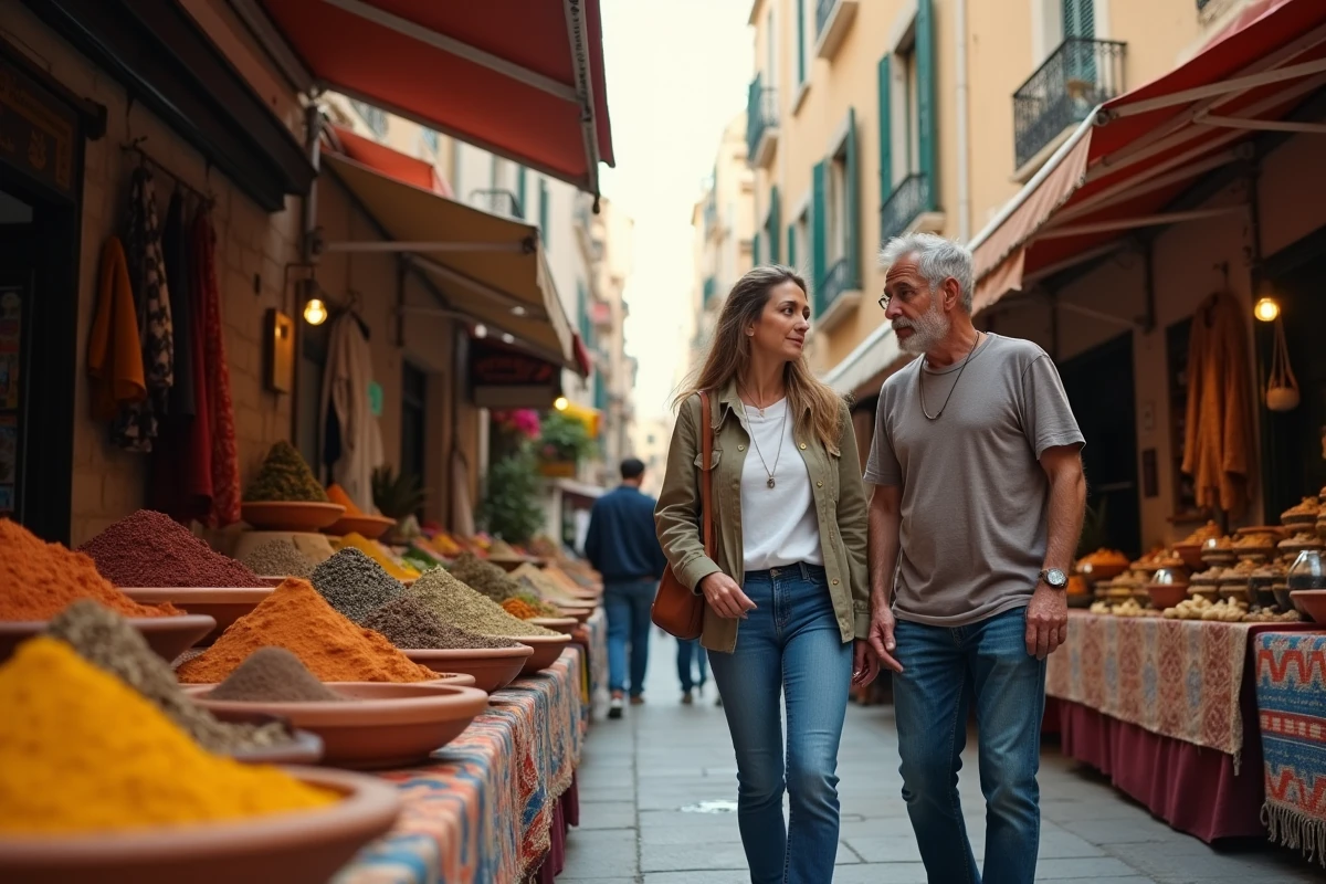 Marché de rue animé dans un quartier nord de Marseille avec des habitants faisant leurs courses