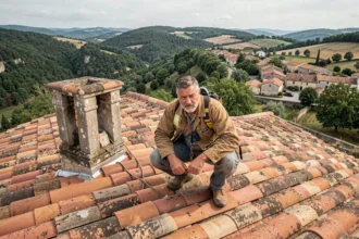 Couvreur ardéchois au travail sur un toit en tuiles traditionnelles avec vue sur les collines de l'Ardèche