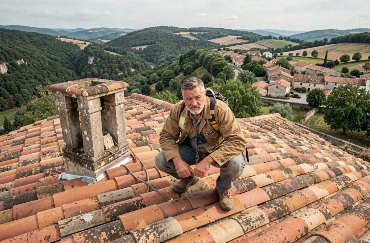 Couvreur ardéchois au travail sur un toit en tuiles traditionnelles avec vue sur les collines de l'Ardèche