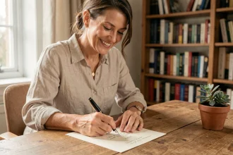 Femme élégante rédigeant un message de bonnes vacances à la main sur du papier crème avec un stylo plume
