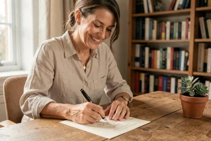 Femme élégante rédigeant un message de bonnes vacances à la main sur du papier crème avec un stylo plume