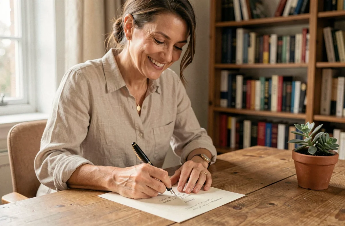 Femme élégante rédigeant un message de bonnes vacances à la main sur du papier crème avec un stylo plume