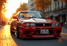 Mitsubishi Skyline GTR stationne en ville au coucher du soleil