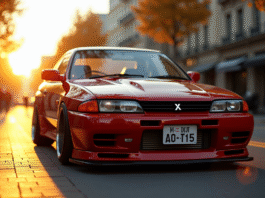 Mitsubishi Skyline GTR stationne en ville au coucher du soleil