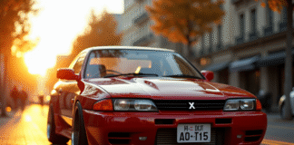 Mitsubishi Skyline GTR stationne en ville au coucher du soleil