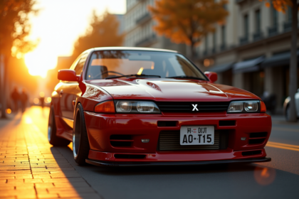 Mitsubishi Skyline GTR stationne en ville au coucher du soleil