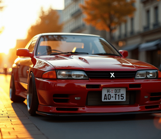 Mitsubishi Skyline GTR stationne en ville au coucher du soleil