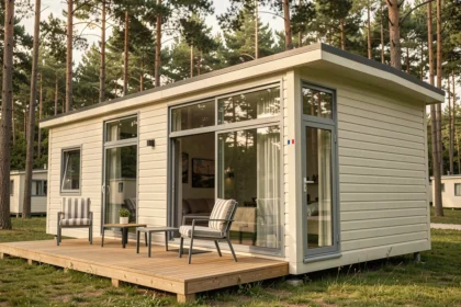 Mobil-home moderne fabriqué en France installé sur un camping verdoyant avec terrasse en bois et grandes fenêtres panoramiques