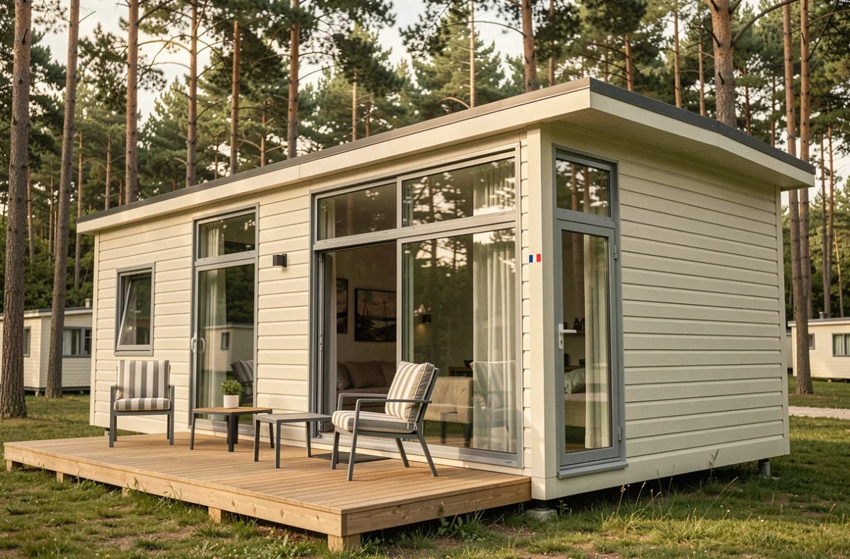 Mobil-home moderne fabriqué en France installé sur un camping verdoyant avec terrasse en bois et grandes fenêtres panoramiques