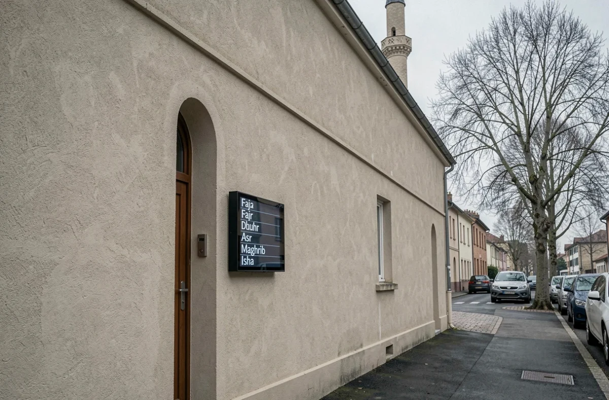 Façade d'une mosquée à Mantes-la-Jolie avec panneau d'affichage des horaires des cinq prières quotidiennes