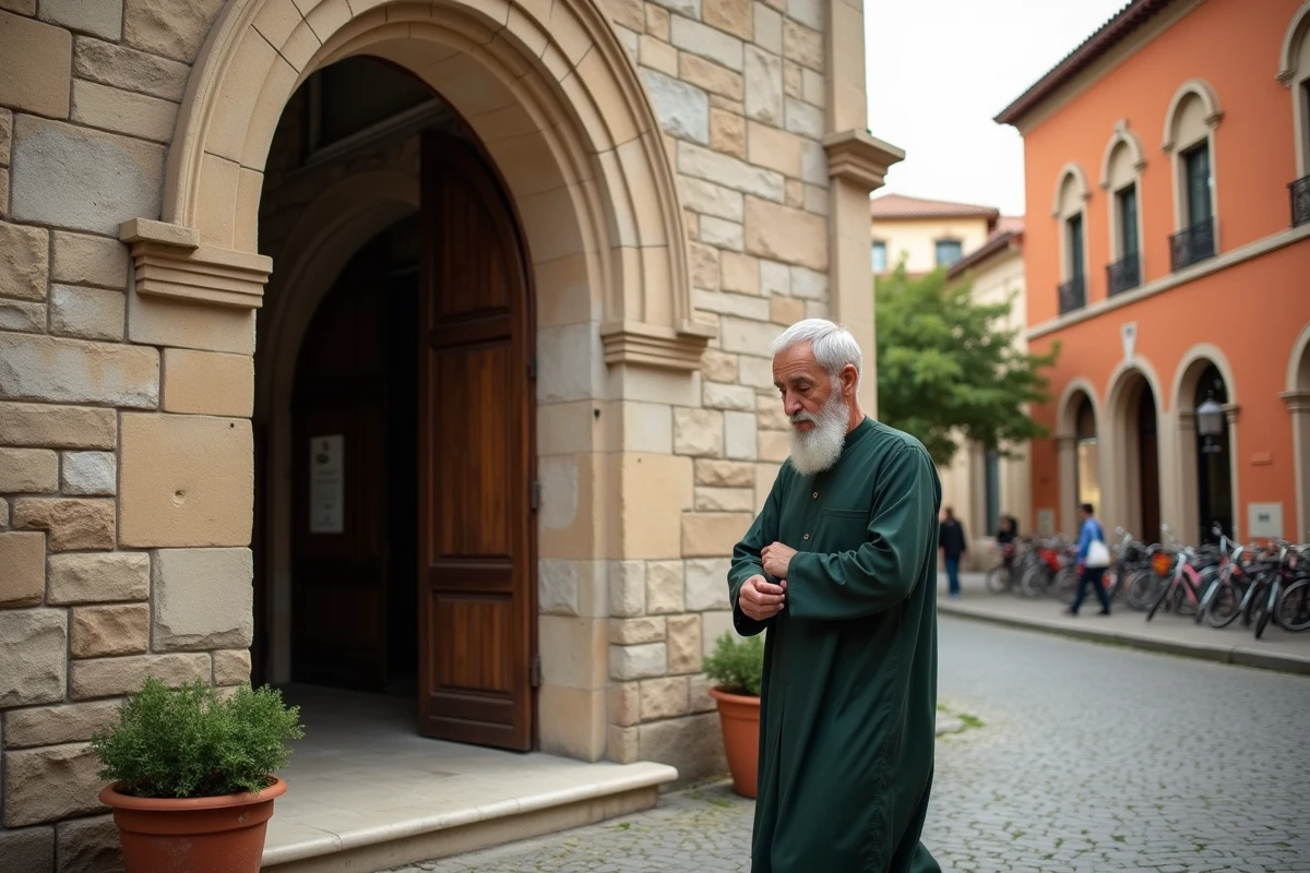Homme vérifiant l'heure avant la prière devant une mosquée dans un quartier de Toulouse