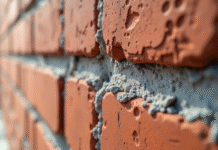 Détail d'un mur en briques avec bande d'arase visible