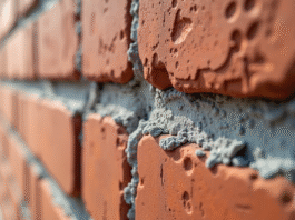 Détail d'un mur en briques avec bande d'arase visible