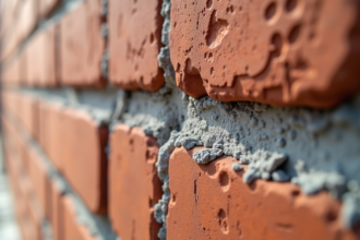 Détail d'un mur en briques avec bande d'arase visible