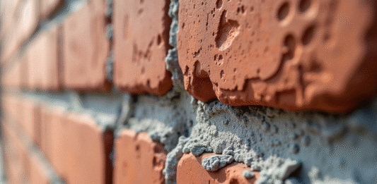 Détail d'un mur en briques avec bande d'arase visible