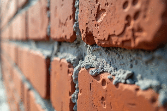 Détail d'un mur en briques avec bande d'arase visible