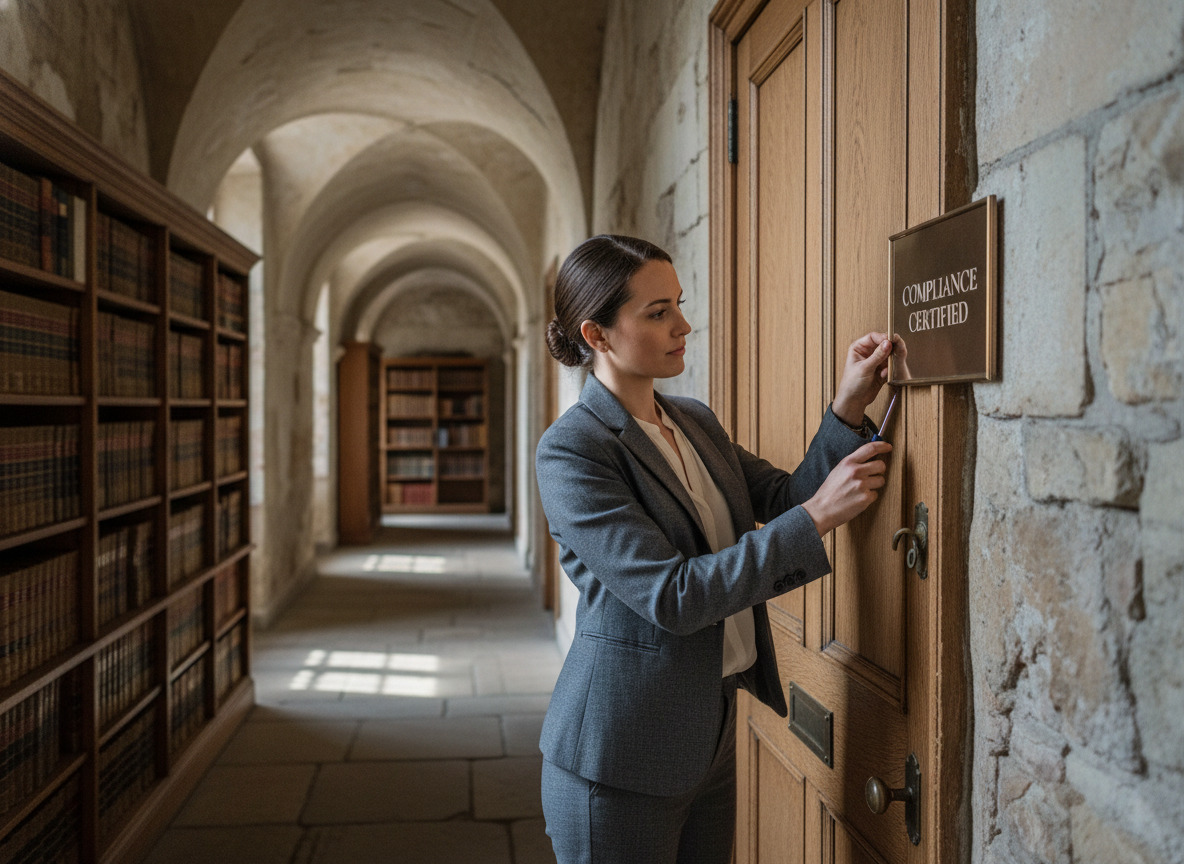 Jeune notaire posant une plaque dans un bureau ancien