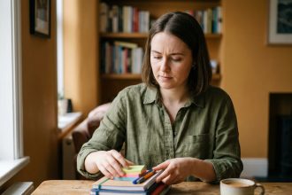 Jeune femme organisant des cahiers d'école et fournitures scolaires sur une table en bois pour préparer la rentrée