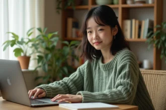 Jeune femme organisant sa collection de mangas BL sur une étagère en bois avec des onglets personnalisés