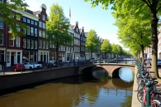 Canaux d'Amsterdam avec maisons historiques en arrière-plan