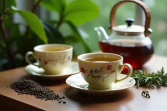 Préparation minutieuse d'une tasse de thé vert délicat