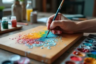 Peinture acrylique sur bois avec textures et couleurs vibrantes
