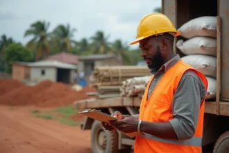 Ouvrier de construction en vest orange vérifiant un plan