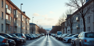 Parking urbain à Reykjavik en journée avec voitures et architecture