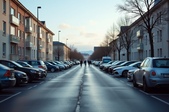 Parking urbain à Reykjavik en journée avec voitures et architecture