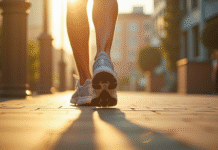 Chaussures de course sur trottoir urbain ensoleille