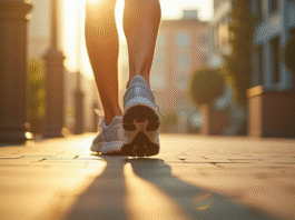 Chaussures de course sur trottoir urbain ensoleille