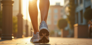 Chaussures de course sur trottoir urbain ensoleille