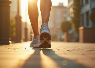 Chaussures de course sur trottoir urbain ensoleille