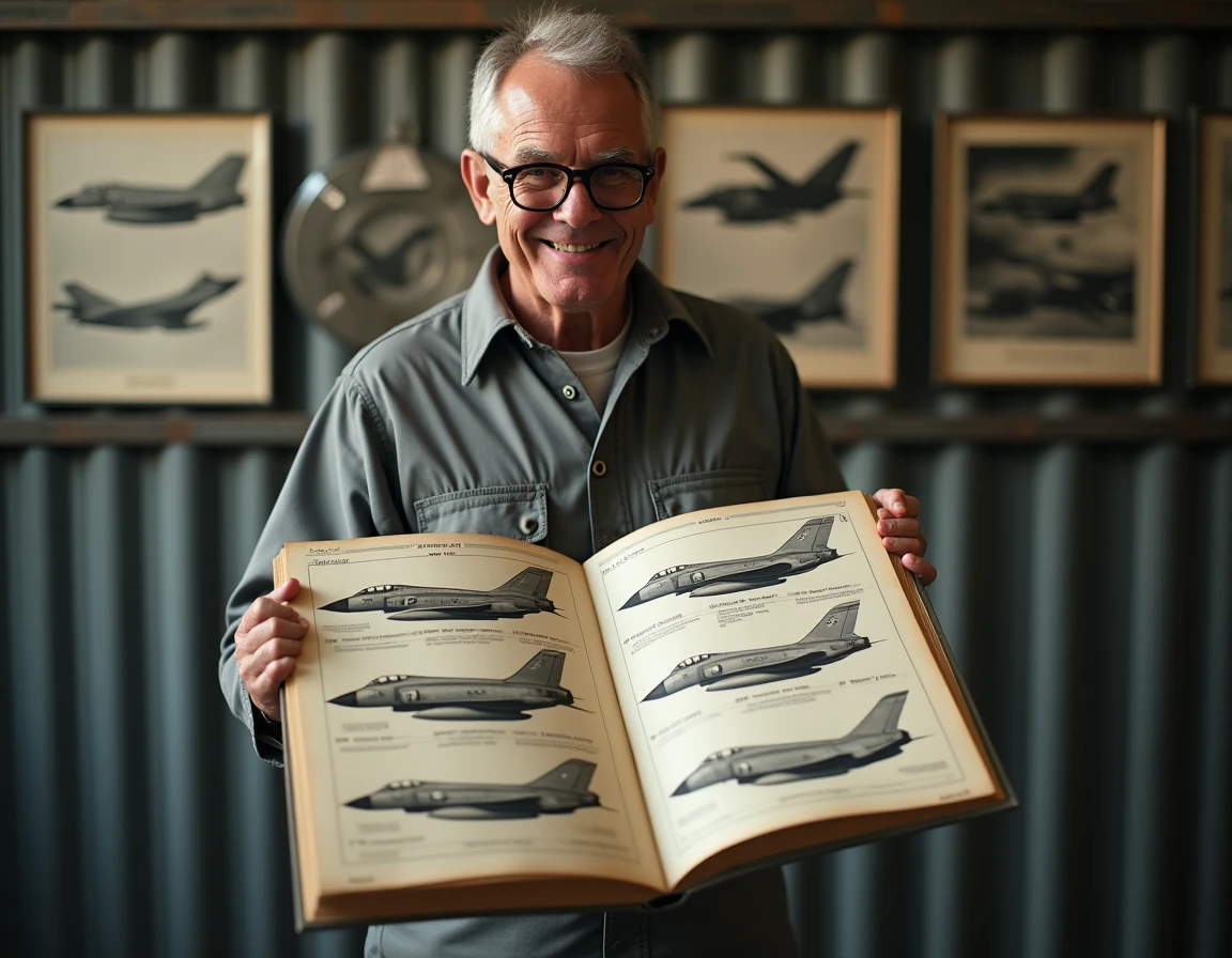 Passionné d'aviation âgé consultant un livre de référence sur les variantes du Phantom F-4, entouré de photographies historiques dans un hangar