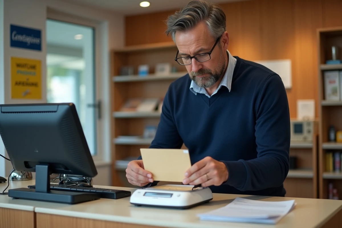Homme pesant une enveloppe sur une balance postale dans un bureau de poste français