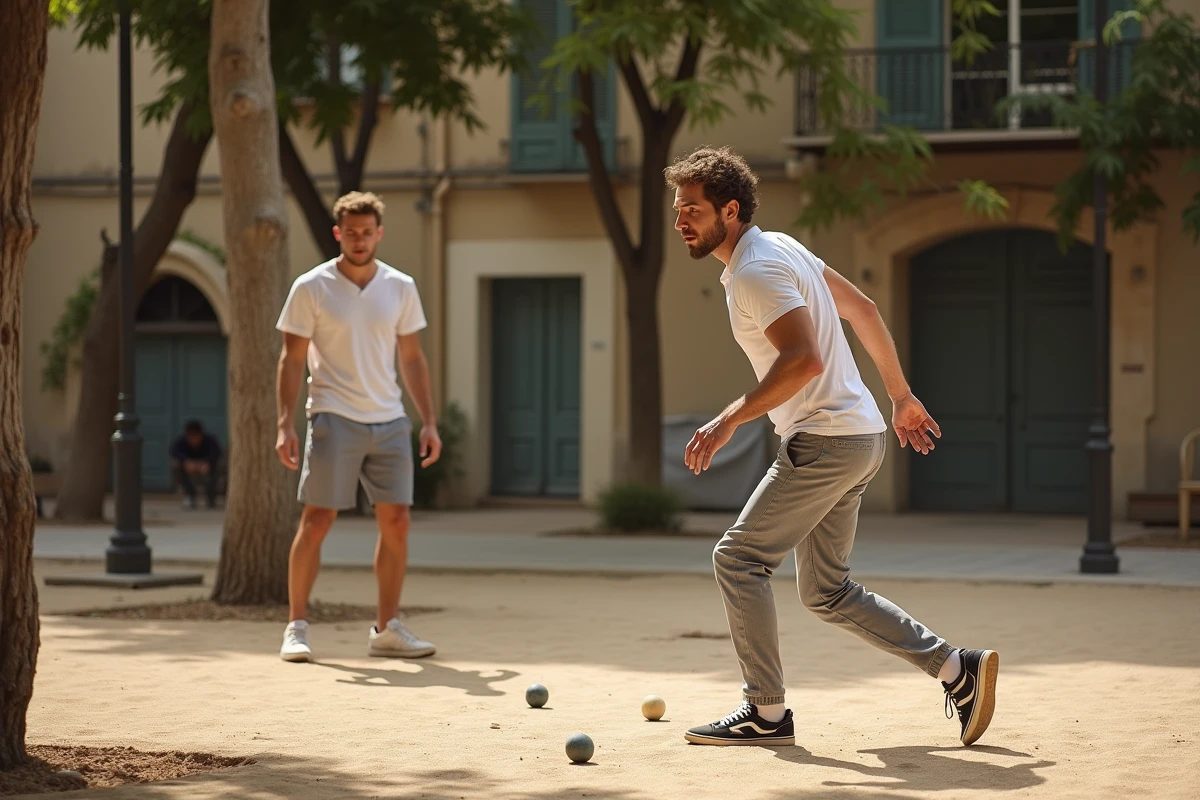 Deux jeunes hommes jouant à la pétanque dans une place de quartier nord de Marseille