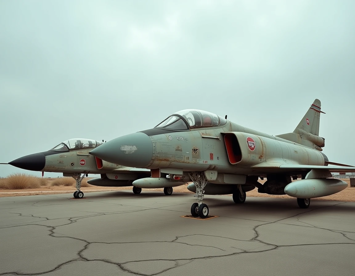 Deux variantes du F-4 Phantom désaffectées sur un boneyard aéronautique, montrant les différences morphologiques entre le F-4E et le F-4G Wild Weasel