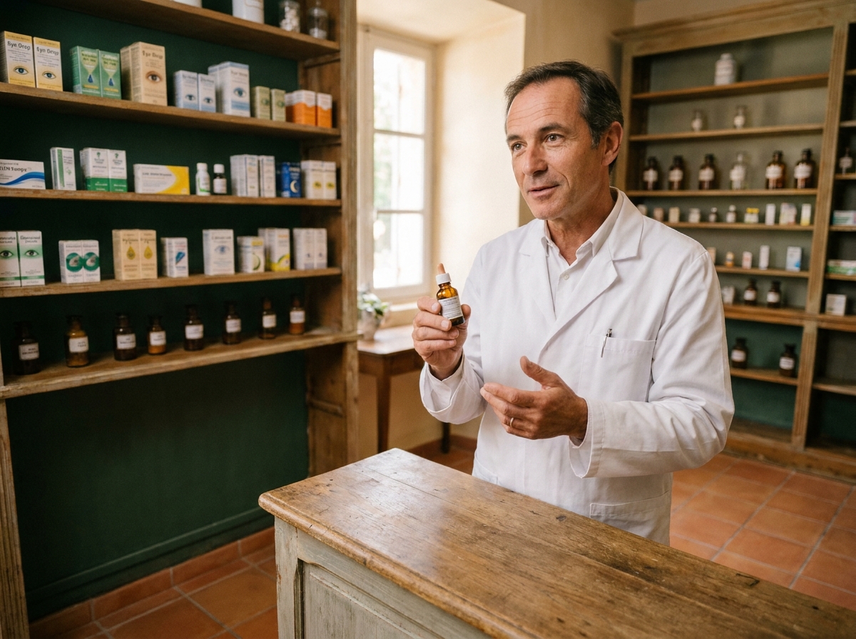 Pharmacien provençal conseillant des gouttes oculaires contre les yeux secs causés par le mistral en automne