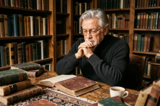 Homme pensif entouré de livres de philosophie dans une bibliothèque ancienne, évoquant la pensée de Schopenhauer