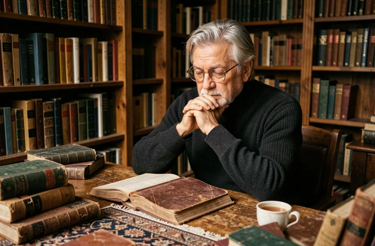 Homme pensif entouré de livres de philosophie dans une bibliothèque ancienne, évoquant la pensée de Schopenhauer