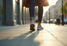Pieds d'une personne marchant sur un trottoir urbain ensoleille