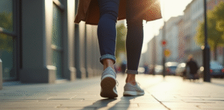 Pieds d'une personne marchant sur un trottoir urbain ensoleille