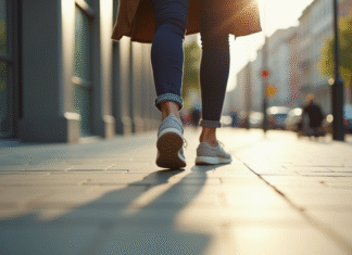 Transformer l’effort physique en distance : l’équivalent de 6000 pas en kilomètres Pieds d'une personne marchant sur un trottoir urbain ensoleille