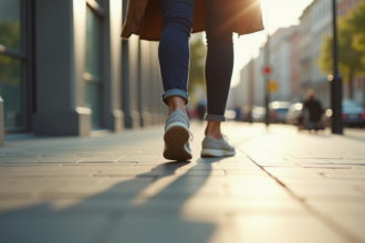 Pieds d'une personne marchant sur un trottoir urbain ensoleille