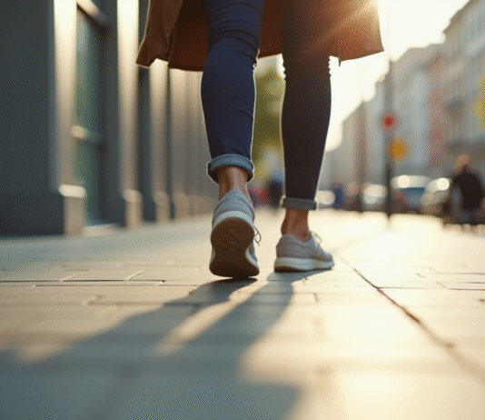 Pieds d'une personne marchant sur un trottoir urbain ensoleille