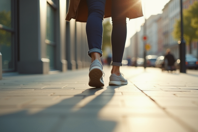 Pieds d'une personne marchant sur un trottoir urbain ensoleille