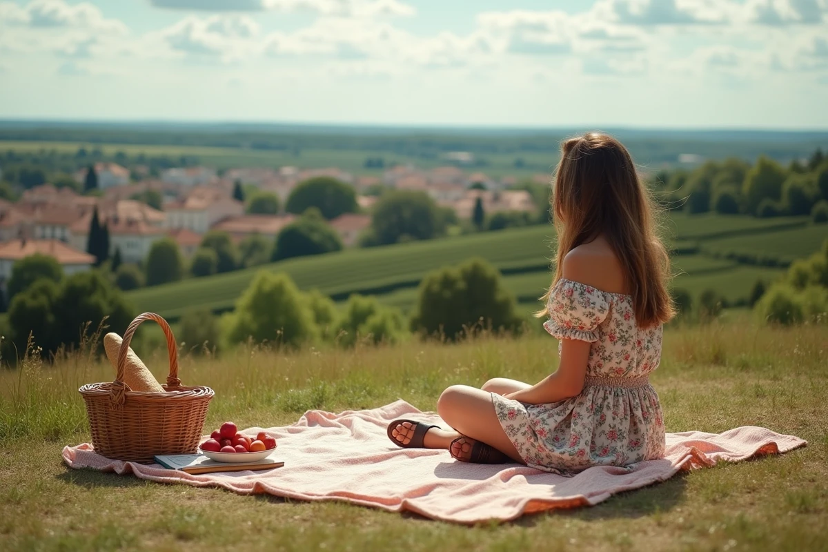 Femme en pique-nique sur les coteaux de Luynes pendant le week-end du festival 2026 avec vue sur le village