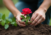 Mains de jardinier plantant un rosier dans la terre humide